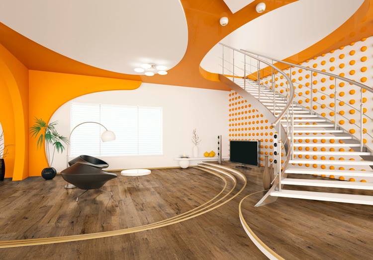 Woodline Parquetry Eiche Caucasus in futuristischem orangenen Loft