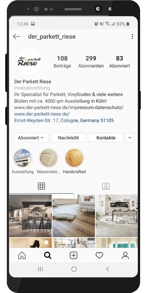 Social Media Profil – Der Parkett Riese auf Instagram (Handy-Ansicht)