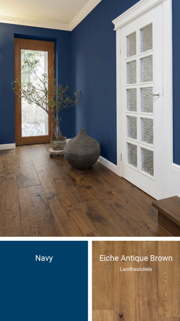 Boden und Wandfarbe: Navy & Landhausdiele Eiche Antique Brown