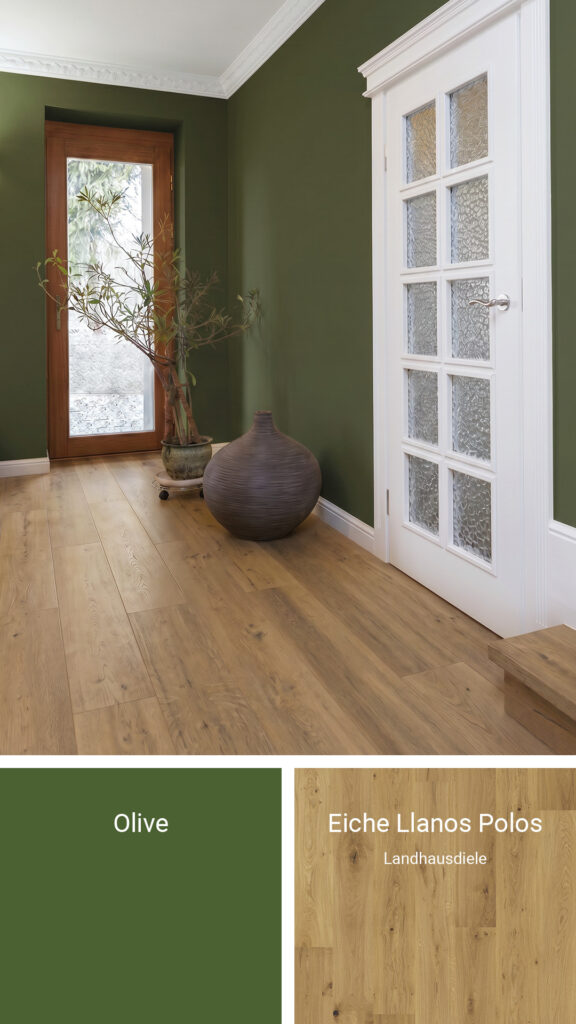Boden und Wandfarbe: Oliv & Landhausdiele Eiche Llanos Polos