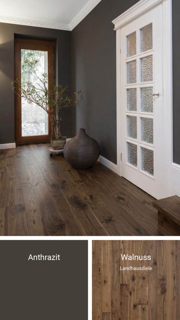 Boden und Wandfarbe: Anthrazit & Landhausdiele Walnuss